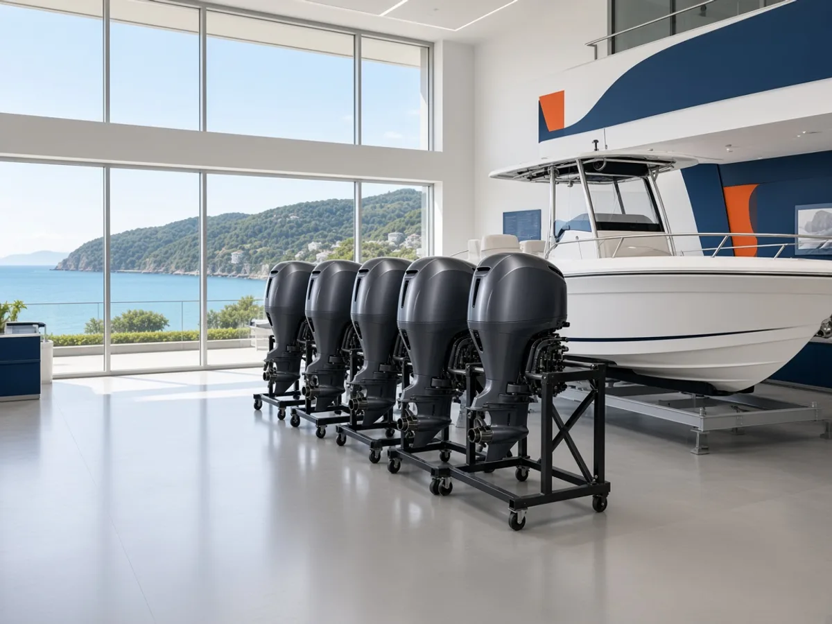 DT Marine Boat Akçaabat showroom’unda sergilenen Suzuki deniz motorları ve tekne